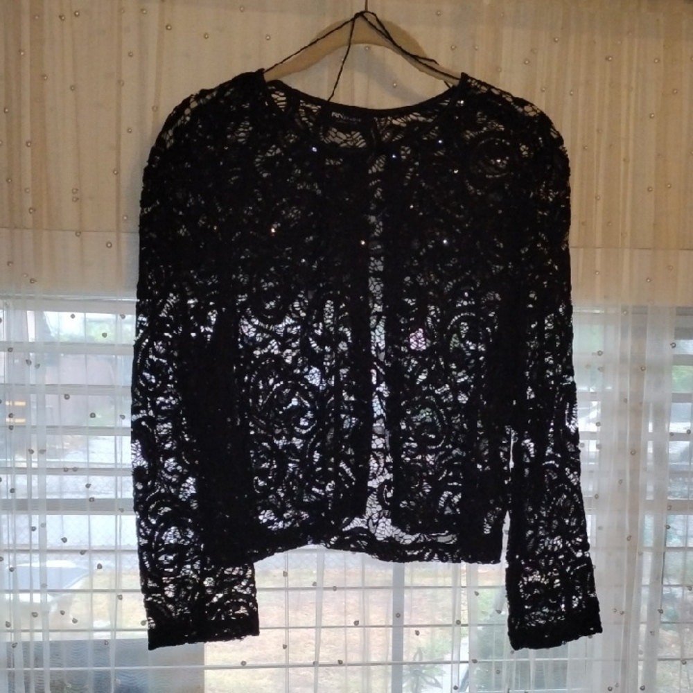 RN Studio Long Sleeve Black Sparkle Lace Detail Shrug, Size: XL, NWT